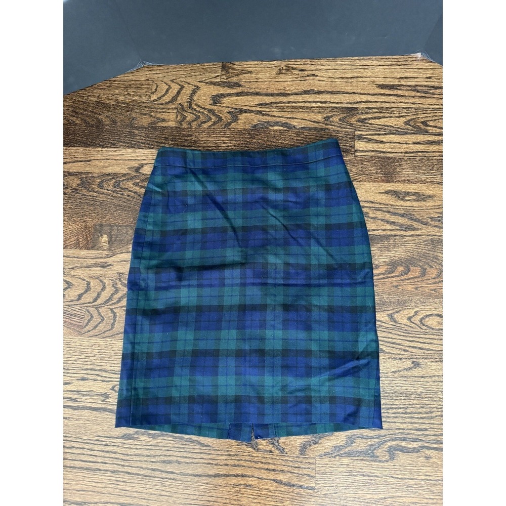J Crew Blackwatch Plaid Pencil Skirt Sz 4 Green Black Blue Wool Blend